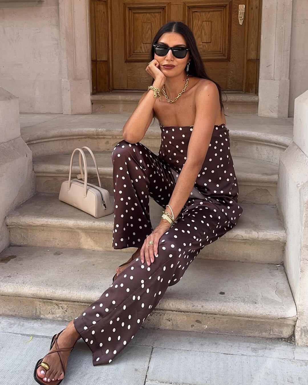 SEAME - Fiona Satin Bandeau Set Brown Polka Dot M