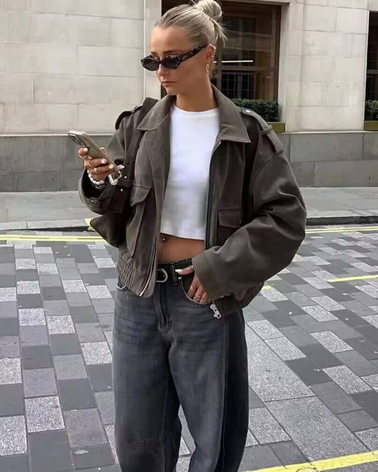 SEAME - Giana Suede Pilot Jacket Gray L