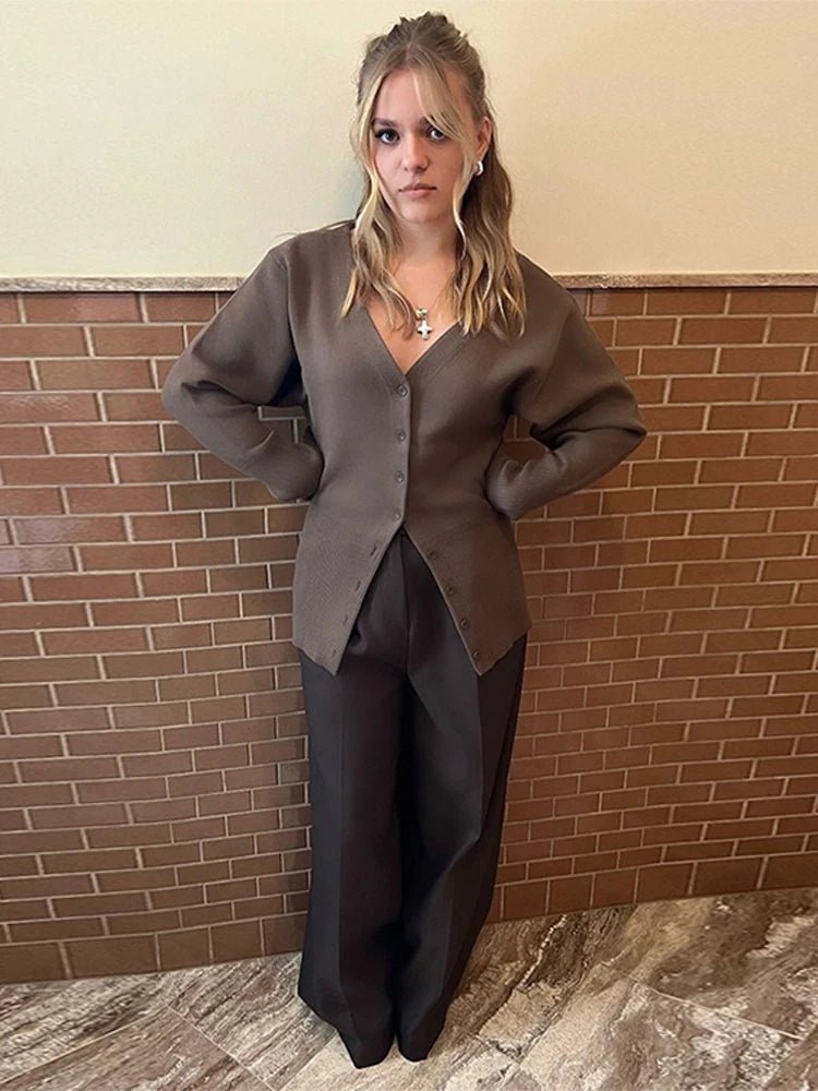 SEAME - Hannah Women's Cardigan - Elegant V - Neck Knit Sweater for Casual Style Brown S