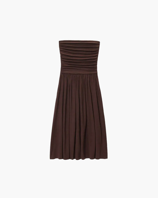 SEAME - Nora Women's Summer Dress, Brown Spliced Tube Top Slim Pleated Design Brown S