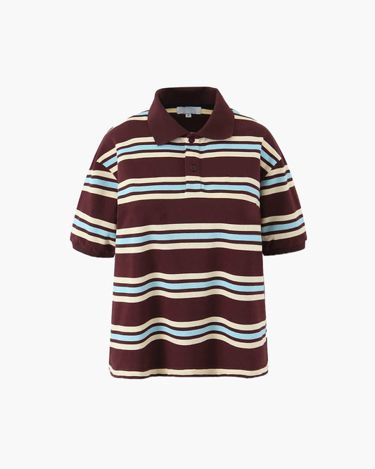 SEAME - Chelsea Women's Polo Shirt - Striped Casual Top with Button Detail Burgundy Stripe Short Sleeve S