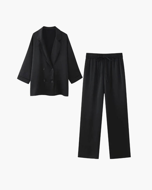 SEAME - Lisa - Women's Satin elegant Suit Set with Double - Breasted Jacket & Pants for Autumn Winter Black S