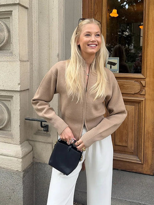 SEAME - SEAME - Women's Long Cardigan with Zipper & Casual Knitted Design Beige S